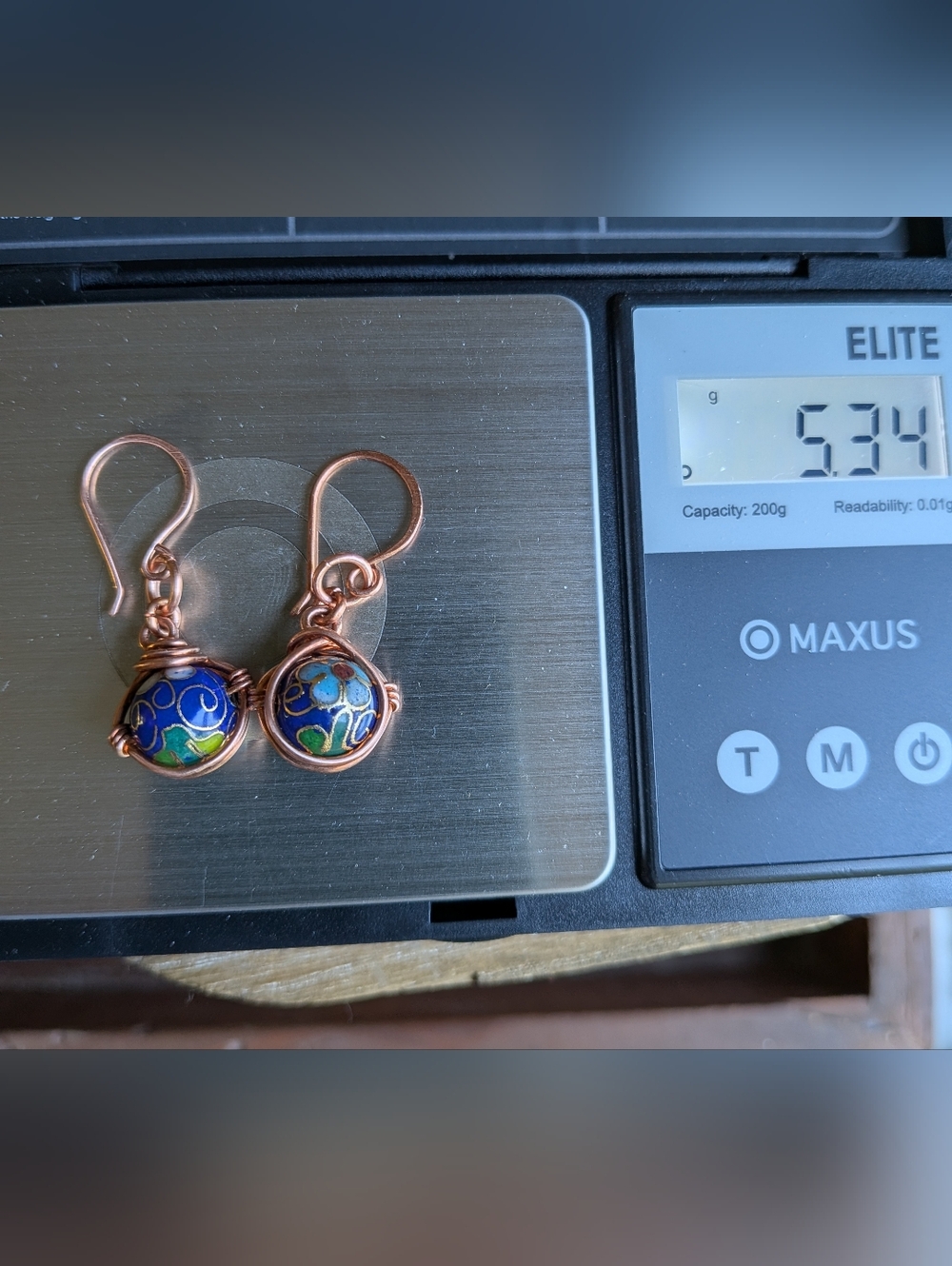 Copper Wrapped Cloisonne Earrings- Colorful Flower Blossom Details - Picture 4 of 12